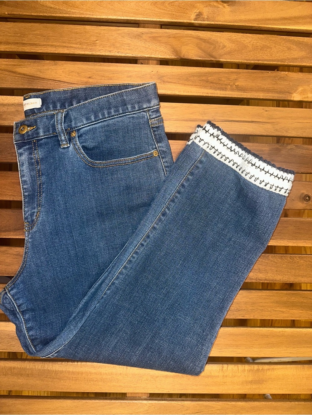 Tory Burch Womens Connor Fringe Hem Cropped Jeans Blue Denim Stone Wash Size 30